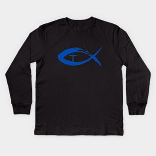 Painted Cross and Fish Christian Design - Blue Kids Long Sleeve T-Shirt